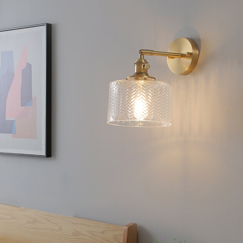 Traditional Vintage Cylinder Wavy Disc Base Brass Glass 1-Light Wall Sconce Lamp For Bedroom