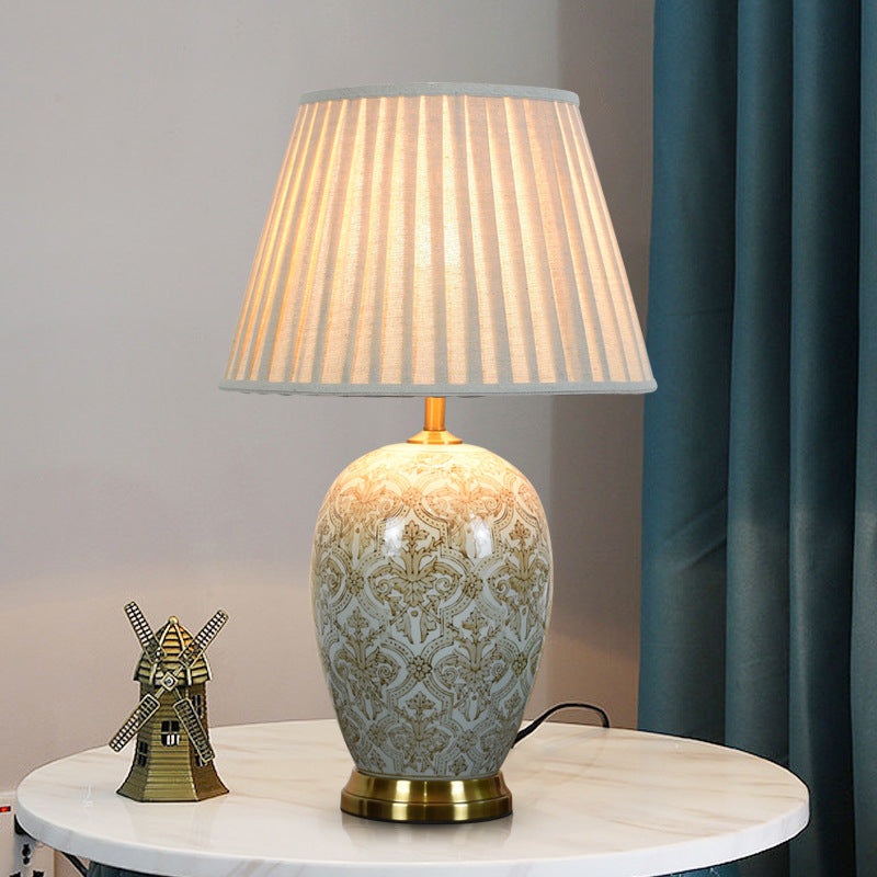 Traditional Vintage Oval Round Table Pleated Pattern Ceramic Metal Fabric 1-Light Table Lamp For Living Room
