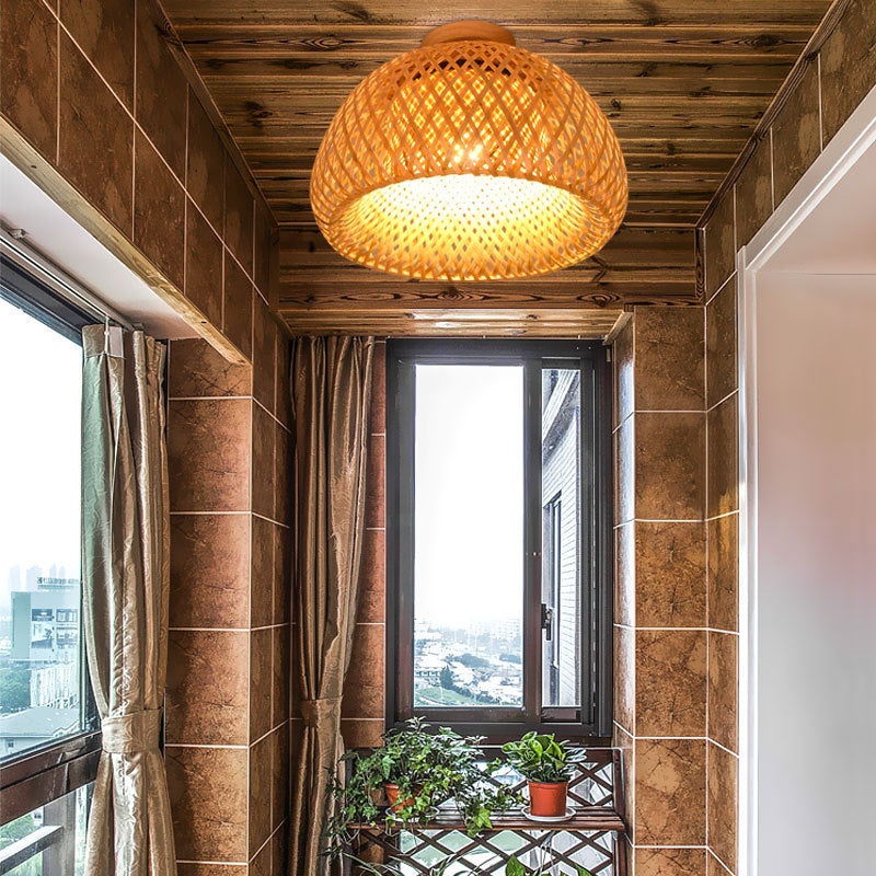 Contemporary Boho Dome Semicircle Bamboo Weaving Solid Wood 1 - Light Semi-Flush Mount Ceiling Light For Hallways