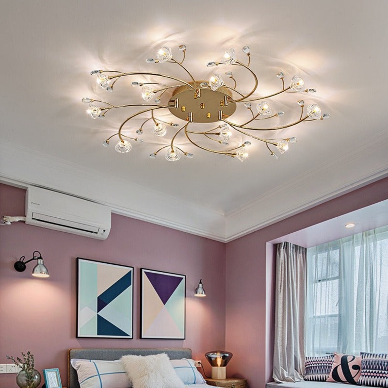 Contemporary Luxury Hardware Crystal Glass Flower Shade Spiral Branch 15/25/30-Light Flush Mount Ceiling Light For Bedroom