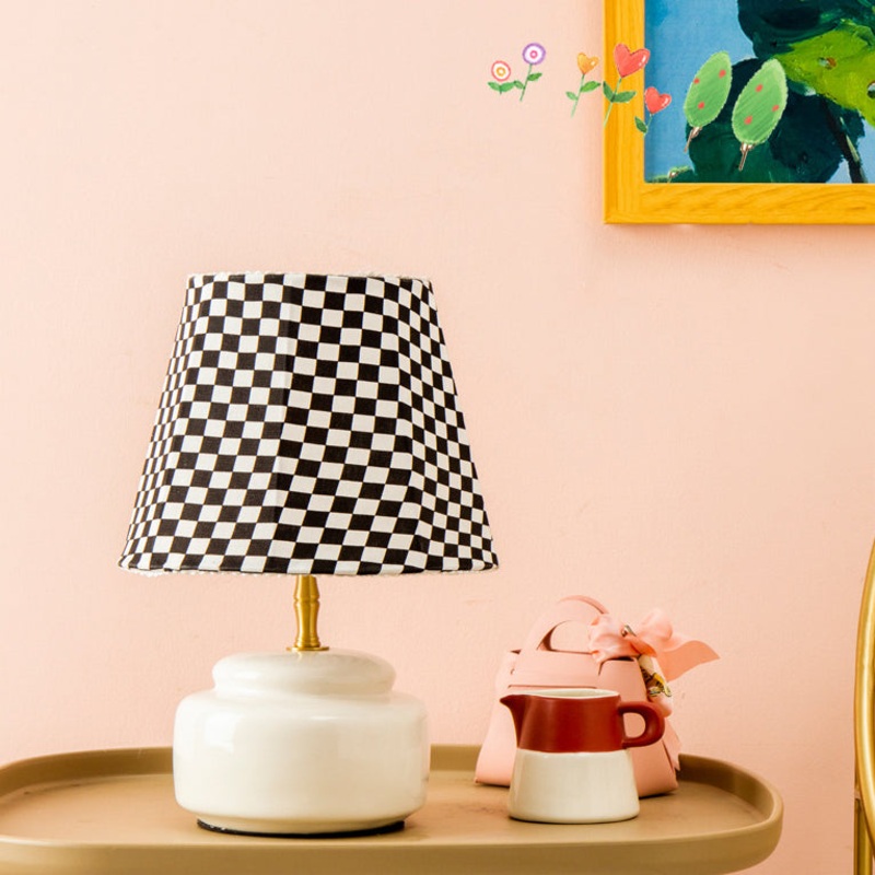 Contemporary Nordic Ceramic Fabric Colorful Plaid Pattern Drum Shape 1-Light Table Lamp For Bedroom
