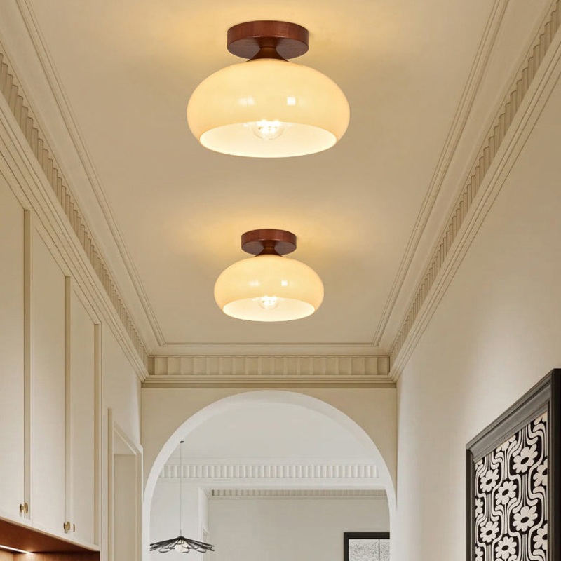 Contemporary Nordic Dome Semicircle Iron Solid Wood Glass 1 - Light Semi-Flush Mount Ceiling Light For Hallways