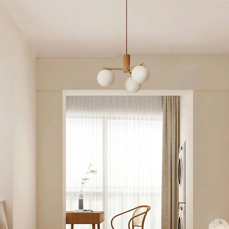 Contemporary Scandinavian Cylinder Spherical Branch Copper Wood Glass 3/5 Chandelier For Living Room