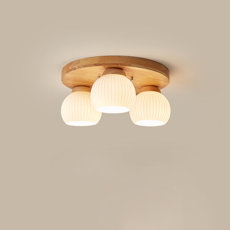 Contemporary Scandinavian Round Ball Solid Wood Metal Glass 3/5 Semi-Flush Mount Ceiling Light For Bedroom