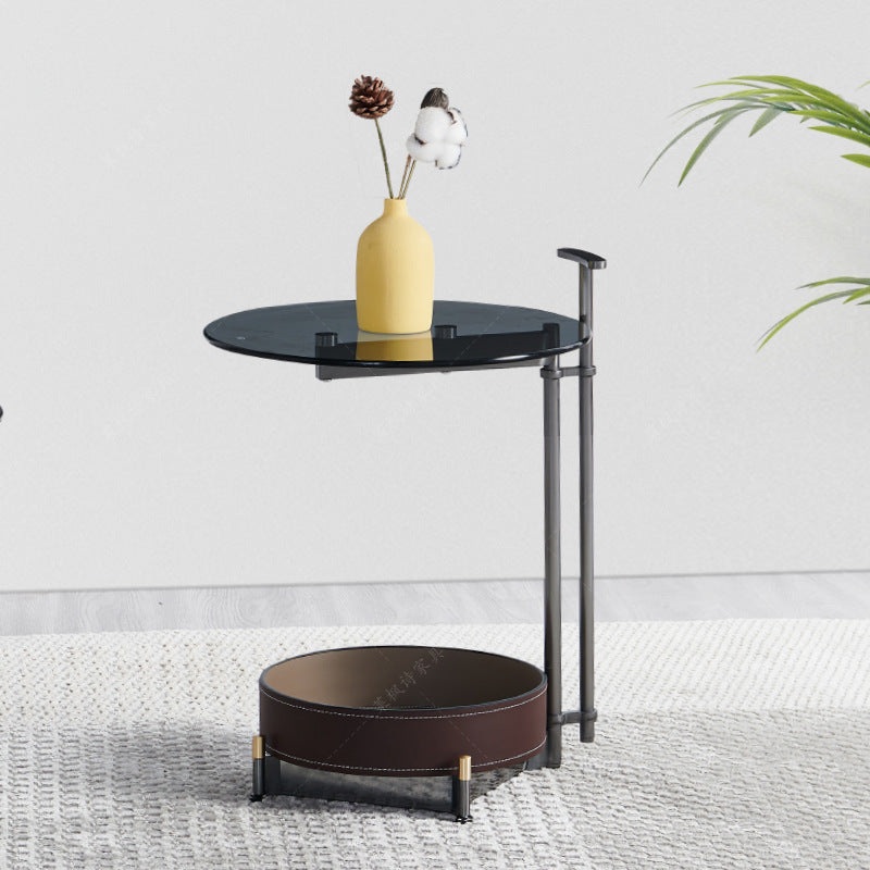 Contemporary Scandinavian Round Cylinder Metal Glass Leather Side Table 2-Tier For Living Room