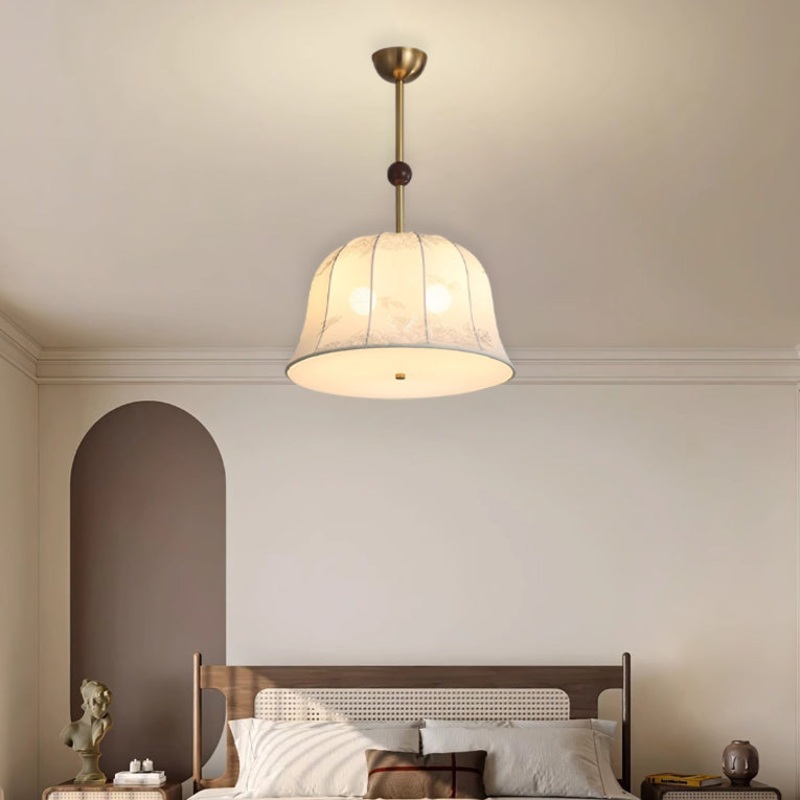 Traditional Chinese Romantic Textured Striped Round Fabric Iron Wood 3-Light Chandeliers For Dining Room