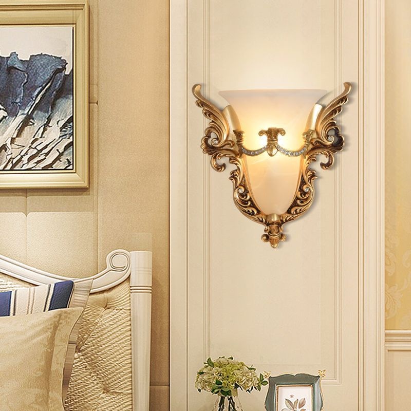 Traditional European Resin Carving Pattern Glass Lampshade 1 - Light Wall Sconce Lamp For Living Room