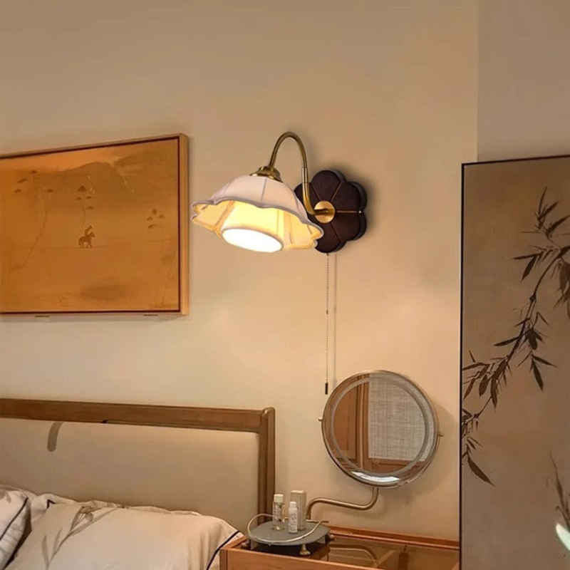 Traditional French Floral Round Wood Alloy Fabric 1-Light Wall Sconce Lamp For Bedroom