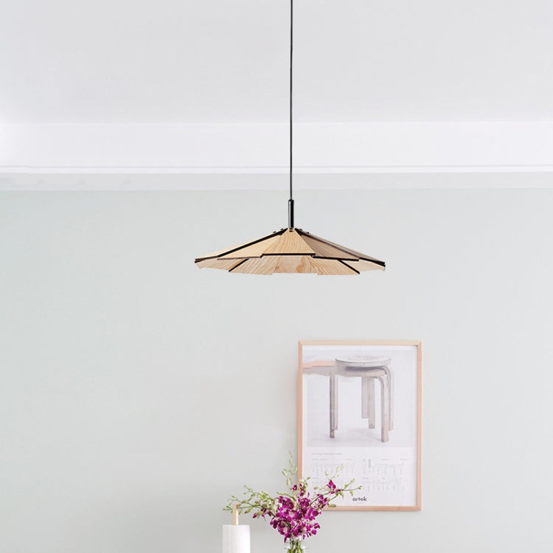 Traditional Japanese Umbrella Iron Wooden LED Pendant Light For Living Room