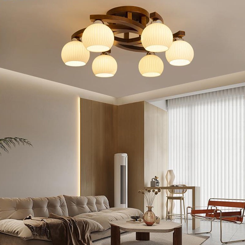 Contemporary Retro Round Dome Branch Solid Wood Frame Glass Shade 3/4/6 Light Semi-Flush Mount Ceiling Light For Living Room