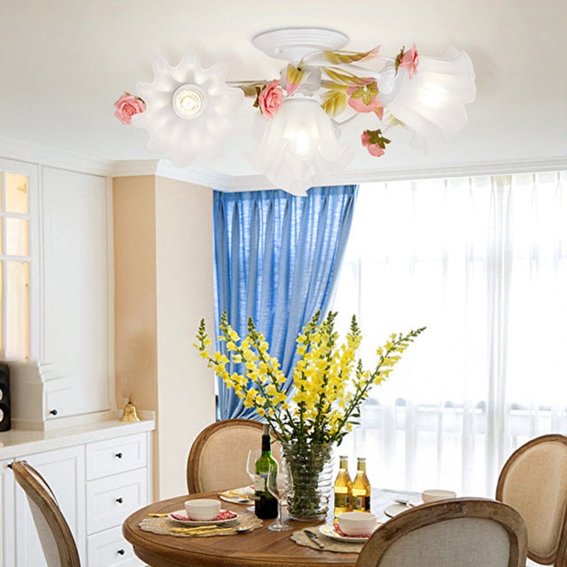 Modern Art Deco Rose Flower Leaf Glass Iron 4/6/7/9/11 Light Semi-Flush Mount Ceiling Light For Bedroom