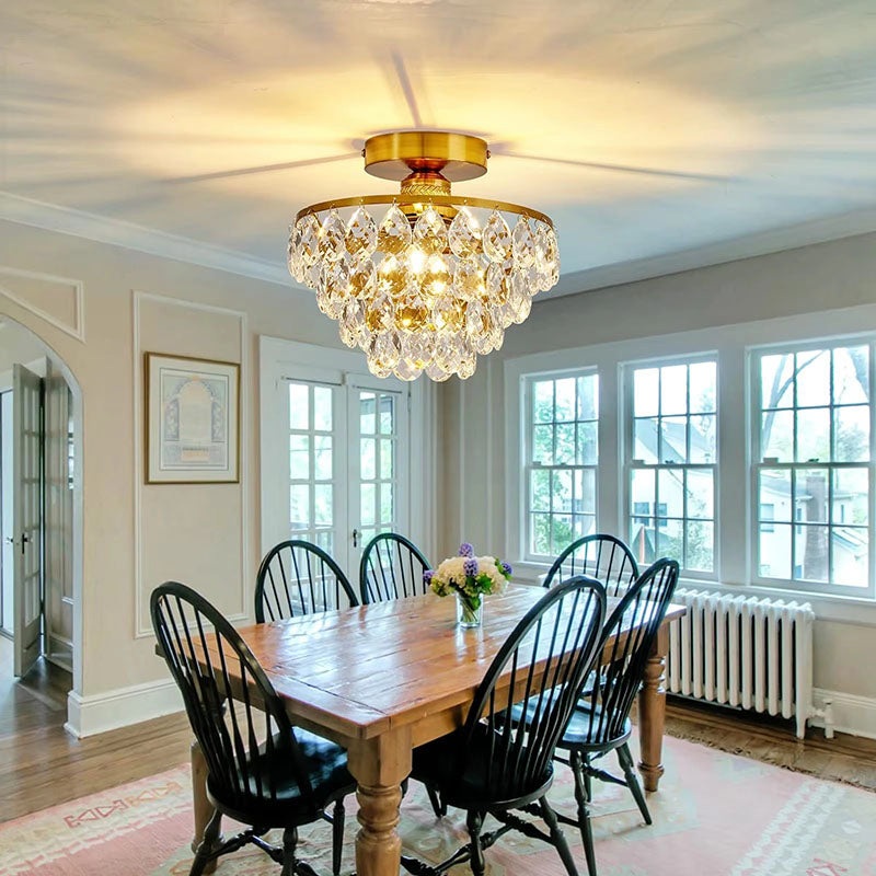 Modern Luxury Round Cone Teardrop Iron Crystal 1-Light Semi-Flush Mount Ceiling Light For Living Room