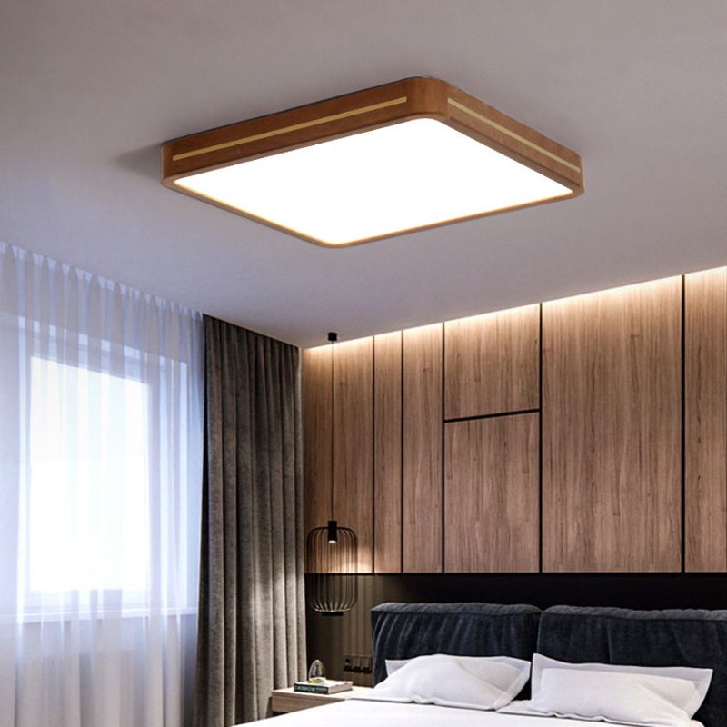 Traditional Chinese Square Rectangle Acrylic Wood Brass LED Flush Mount Ceiling Light For Living Room