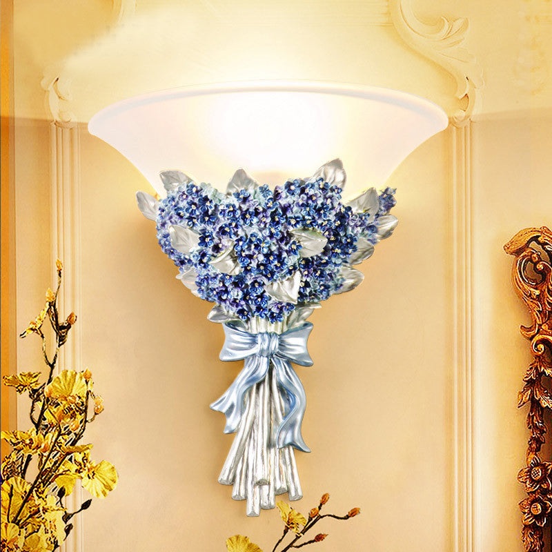 Traditional European Resin Glass Hardware Flower Frosted Horn 1-Light Wall Sconce Lamp For Living Room