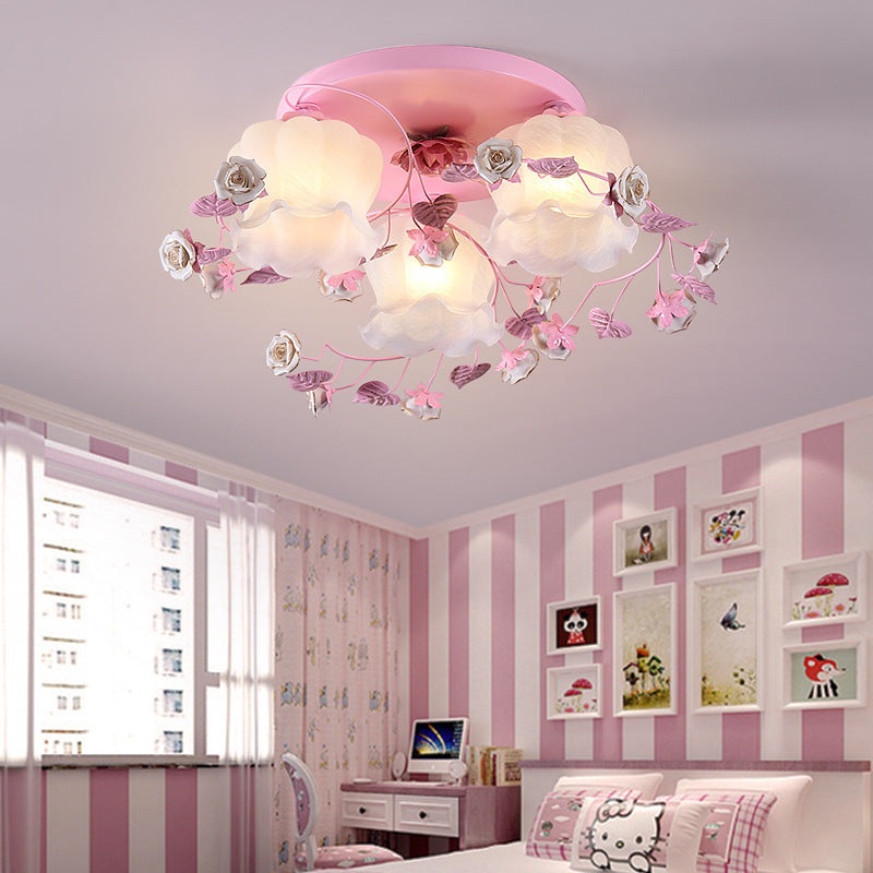 Traditional French Floral Rose Grass Glass Iron 3/5 Light Semi-Flush Mount Ceiling Light For Living Room