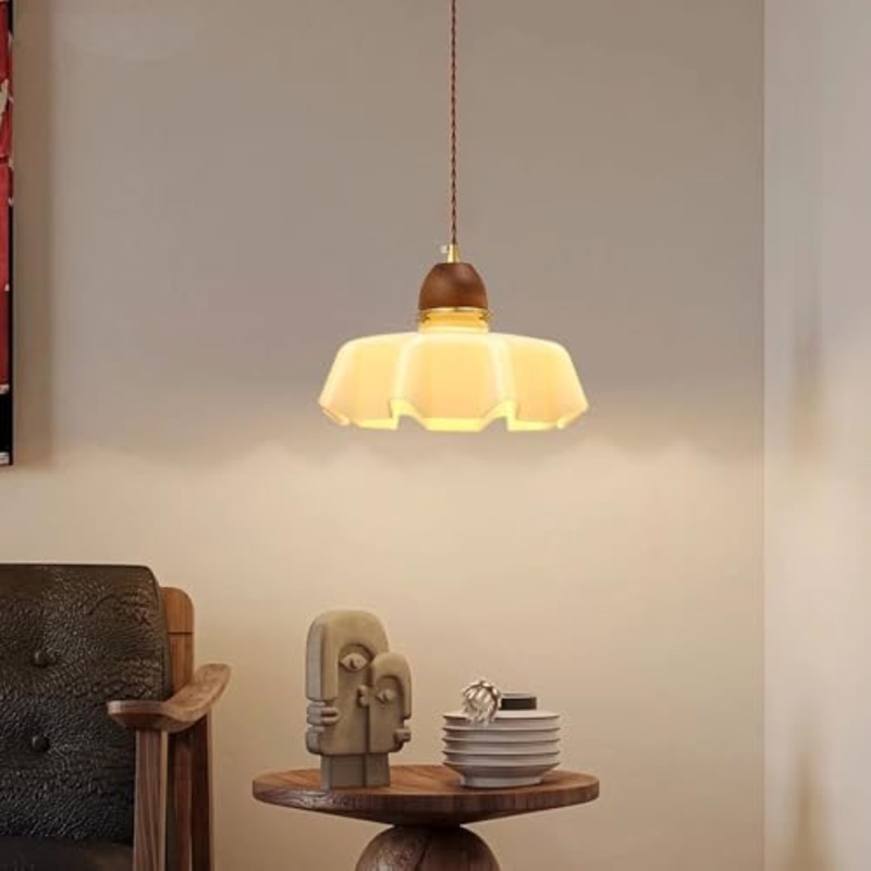 Traditional French Pastoral Flower Glass Shade Walnut Wood 1-Light Pendant Light For Living Room