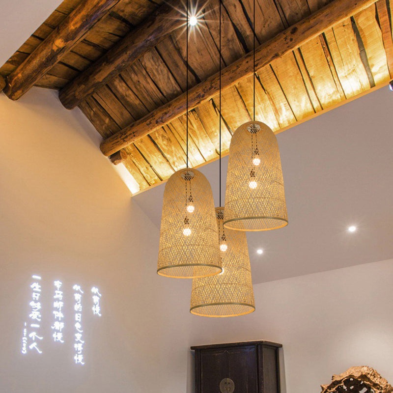 Traditional Japanese Bamboo Weaving Cylinder 2-Light Chandelier For Dining Room