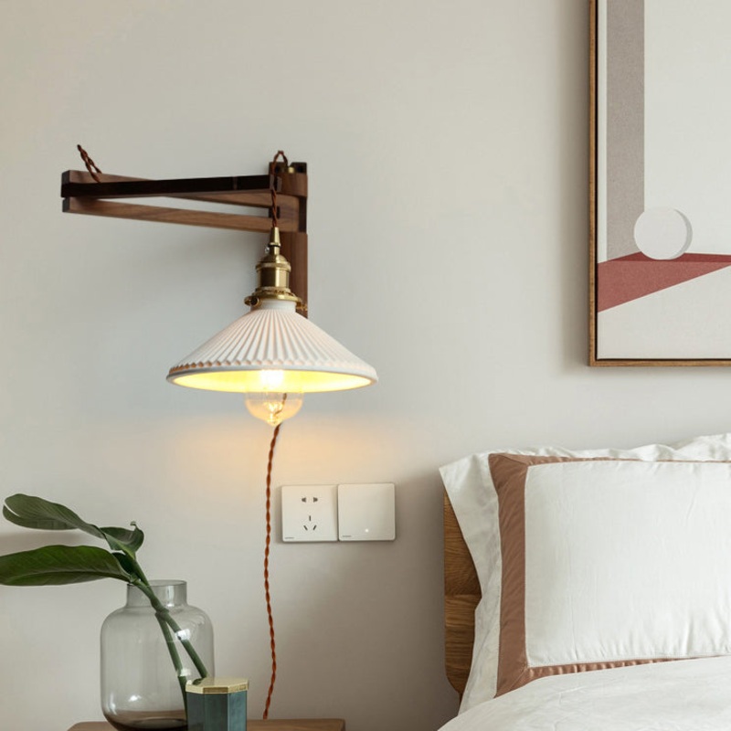 Traditional Vintage Conical Folding Retractable Ceramic Walnut Ash Wood Brass 1-Light Wall Sconce Lamp For Living Room