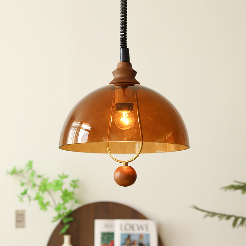 Traditional Vintage Dome Liftable Iron Acrylic Wood 1-Light Pendant Light For Dining Room