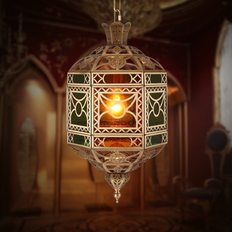 Traditional Vintage Muslim Hexagonal Prism Copper Glass 1-Light Pendant Light For Dining Room