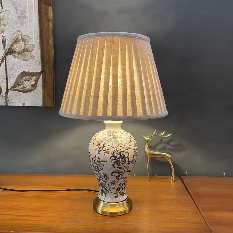 Traditional Vintage Oval Round Plum Blossom Ceramic Metal Fabric 1-Light Table Lamp For Living Room