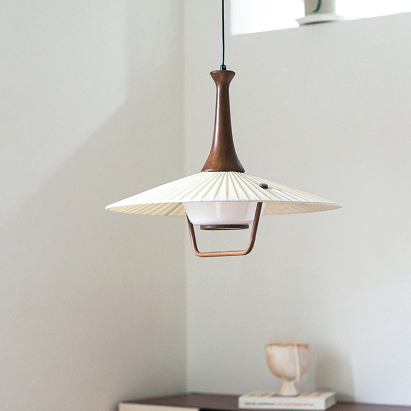 Contemporary Nordic Round Flying Saucer Shape Iron Solid Wood Fabric Glass 1-Light Pendant Light For Living Room