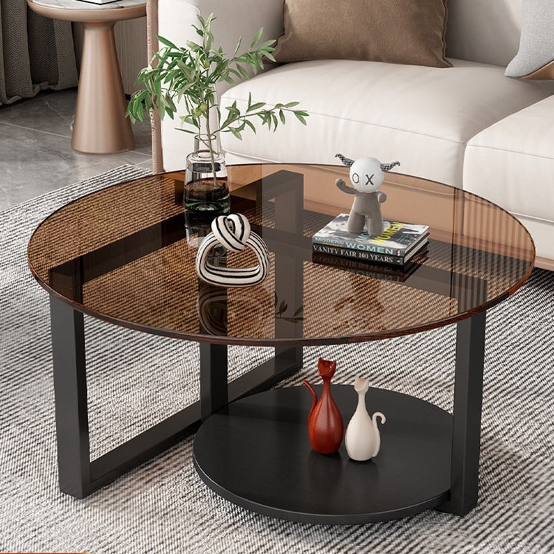 Modern Minimalist Round Iron Frame Glass Table Top Coffee Table 2-Tier For Living Room