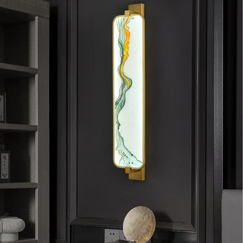 Traditional Chinese Rectangular Aluminum Iron Enameled Glass LED Wall Sconce Lamp For Living Room