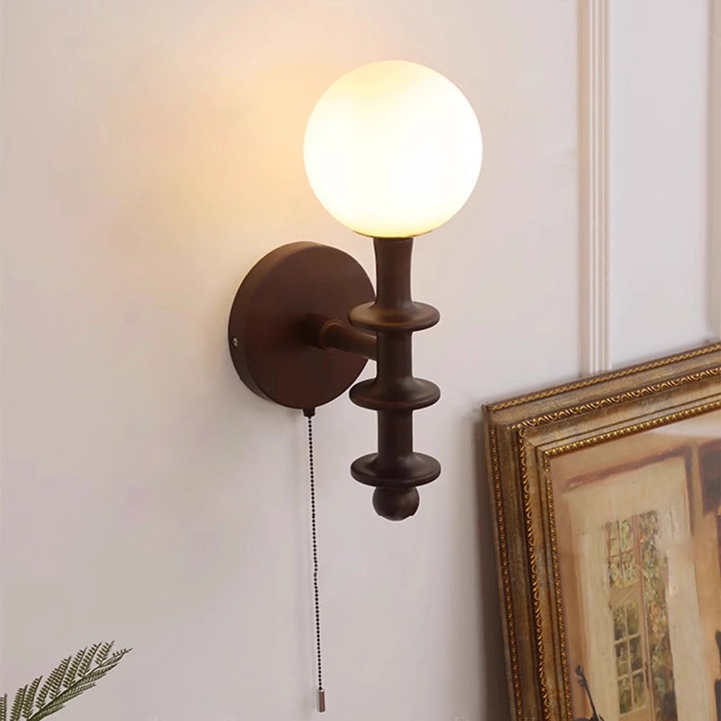 Traditional Vintage Cylinder Globe Wood Glass 1-Light Wall Sconce Lamp For Living Room