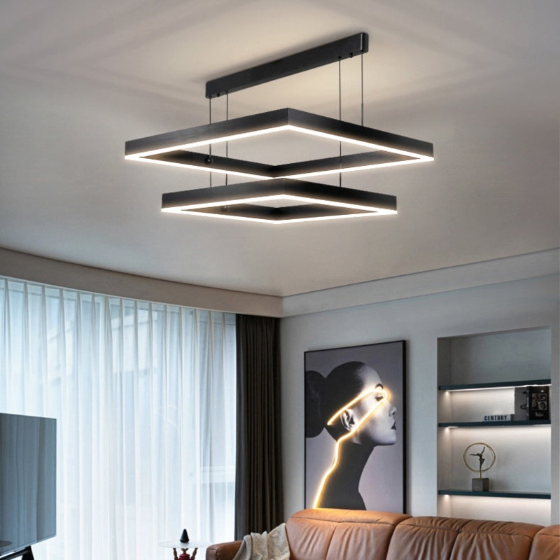 Contemporary Scandinavian Square Rectangular Double Tier Iron Aluminum Acrylic LED Pendant Light For Living Room