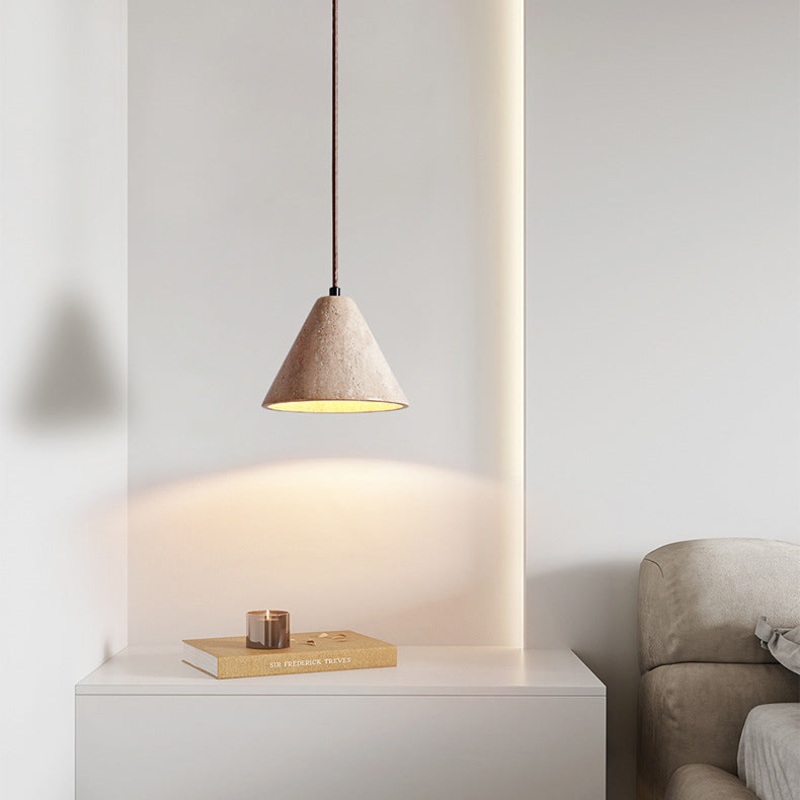 Traditional Chinese Conical Round White Travertine 1-Light Pendant Light For Living Room