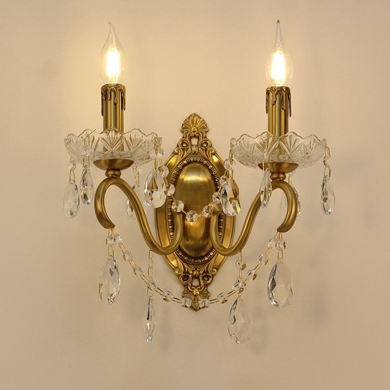 Traditional French Candle Shape Copper Crystal 2-Light Wall Sconce Lamp For Bedroom