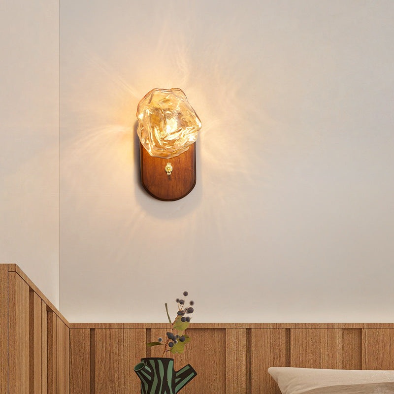 Traditional Japanese Ice Cube Oval Wood Glass 1-Light Wall Sconce Lamp For Bedroom