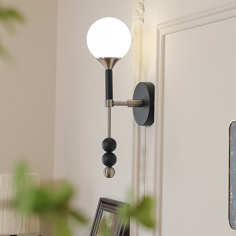 Traditional Vintage Cylinder Orb Beads Alloy Wood Glass Shade 1-Light Wall Sconce Lamp For Living Room