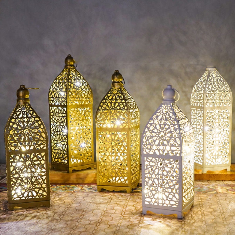 Contemporary Boho Battery Iron Hollowed Lantern Candlestick Decorative LED Table Lamp Night Light For Bedroom