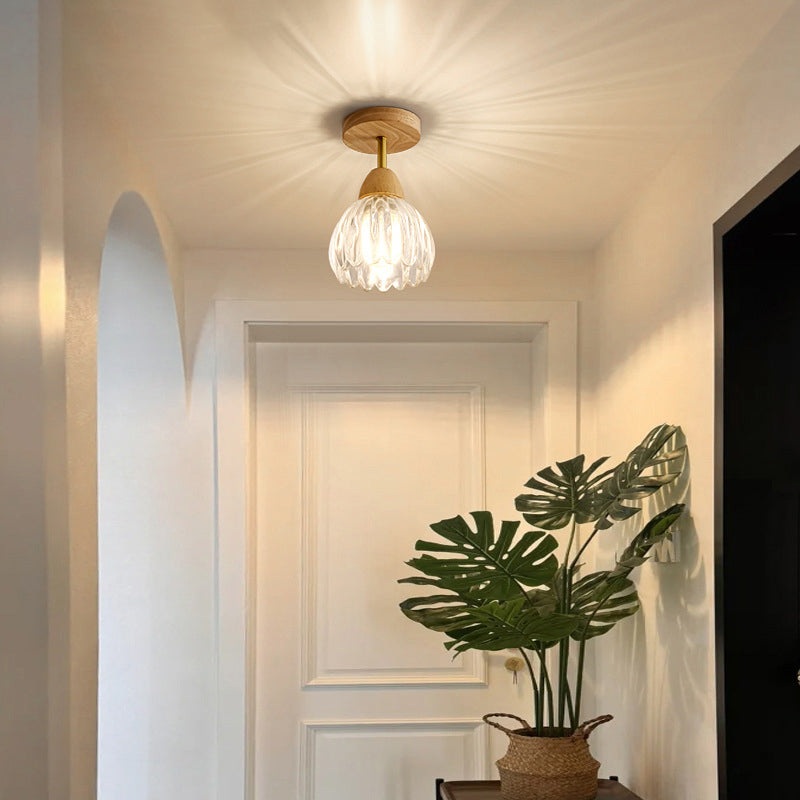 Contemporary Creative Cream Pod Round Glass Wood 1-Light Semi-Flush Mount Ceiling Light For Living Room