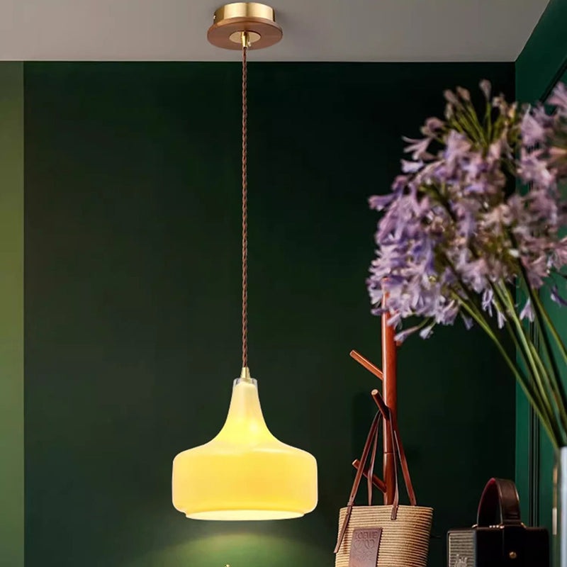 Contemporary Nordic Geometric Round Glass Shade Walnut Wood 1-Light Pendant Light For Bedroom