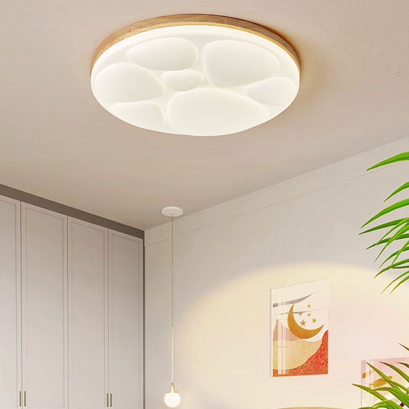 Modern Minimalist Round Rubberwood Iron Acrylic LED Flush-Mount Ceiling Light For Bedroom