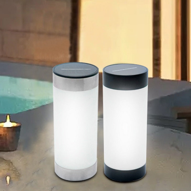 Modern Minimalist Solar Waterproof Stainless Steel Plastic Glass Cylinder Portable LED Outdoor Table Lamp For Outdoor Patio