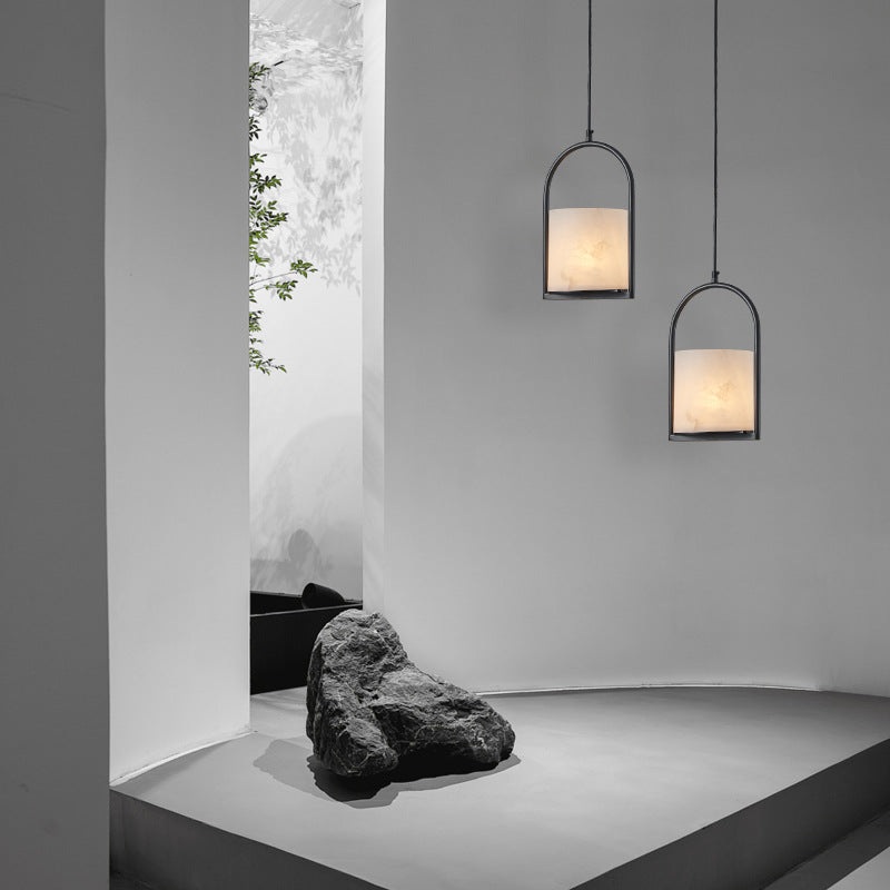 Traditional Chinese Copper Marble Cylinder Candle 1-Light Pendant Light For Bedside