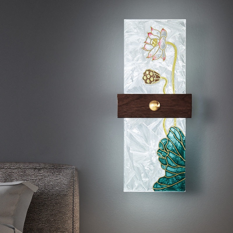 Traditional Chinese Walnut Copper PVC Enamel Painting Rectangular Spindrift Tree Leaf LED Wall Sconce Lamp For Bedside
