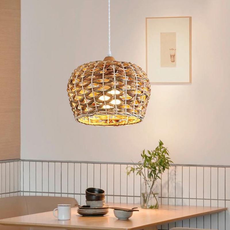 Traditional Farmhouse Weaving Rattan Iron Cylinder Oval Conic Round 1-Light Pendant Light For Dining Room