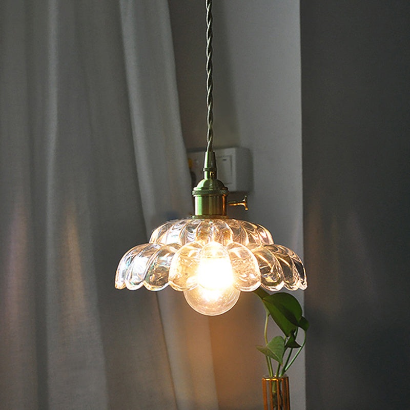 Traditional Japanese Flower Round Glass Brass 1-Light Pendant Light For Living Room