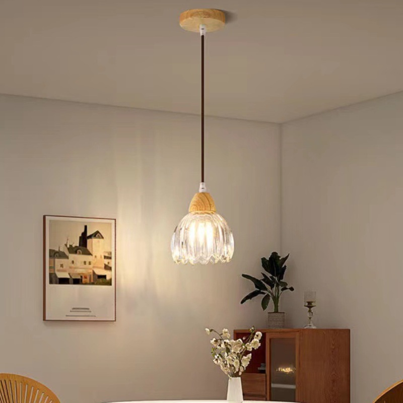 Traditional Japanese Round Distressed Floral Glass Rubberwood 1-Light Pendant Light For Living Room
