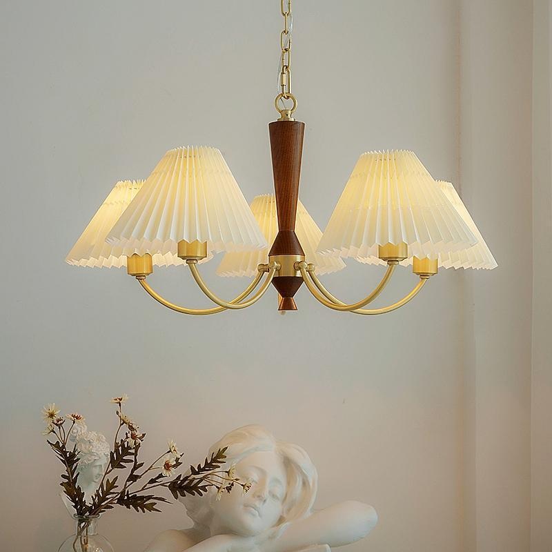 Traditional Japanese Scalloped Pleated Branching Cylinder PVC Walnut Brass 3/5 Light Chandelier For Living Room