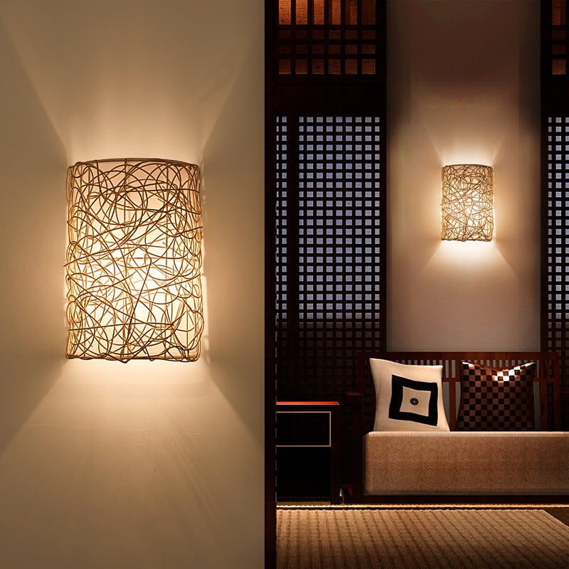 Traditional Rustic Rectangular Rattan PVC 1-Light Wall Sconce Lamp For Living Room