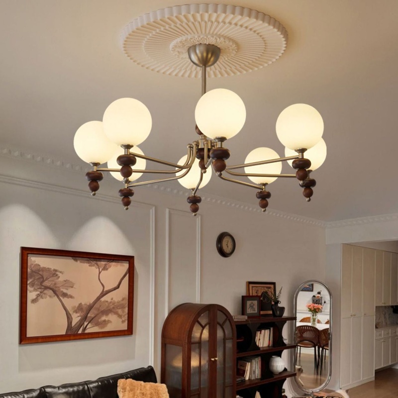 Traditional Vintage Branch Straight Pole Round Globe Iron Wood Frame Glass Shade 3/5/8 Light Chandelier For Living Room