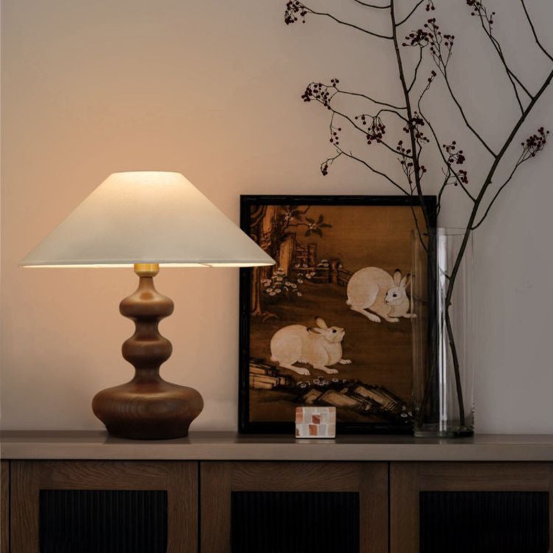 Traditional Vintage Cone Ash Wood Fabric 1-Light Table Lamp For Bedroom