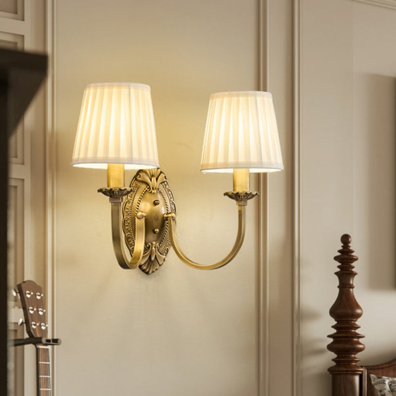 Traditional Vintage Curved Pole Round Trapezoidal Stripe Fabric Shade Brass 1/2 Light Wall Sconce Lamp For Living Room