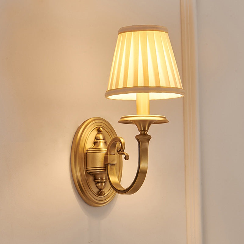 Traditional Vintage Curved Round Oval Fabric Copper 1/2 Light Wall Sconce Lamp For Living Room